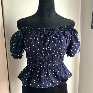 Brand new off the shoulder top, navy with polka dots